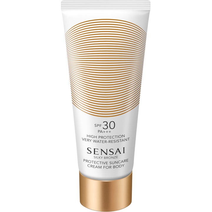 Sensai Silky Bronze Protective Suncare Cream for Body SPF 30 beskyttende solkrem i hvit tube med dekorative gullinjer.