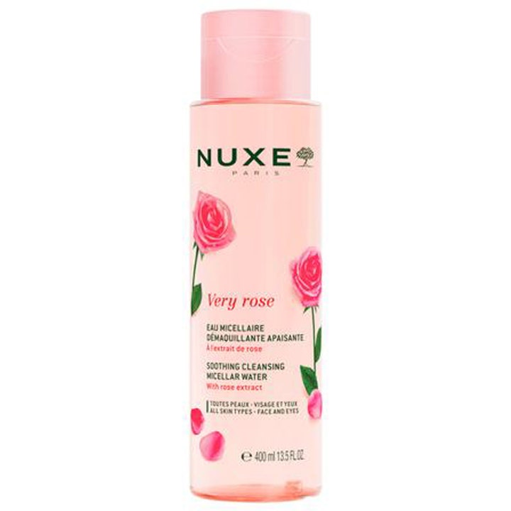 Nuxe Very Rose Soothing Cleansing Micellar Water 400 ml beroligende micellærvann i lyserosa flaske med roseillustrasjoner.