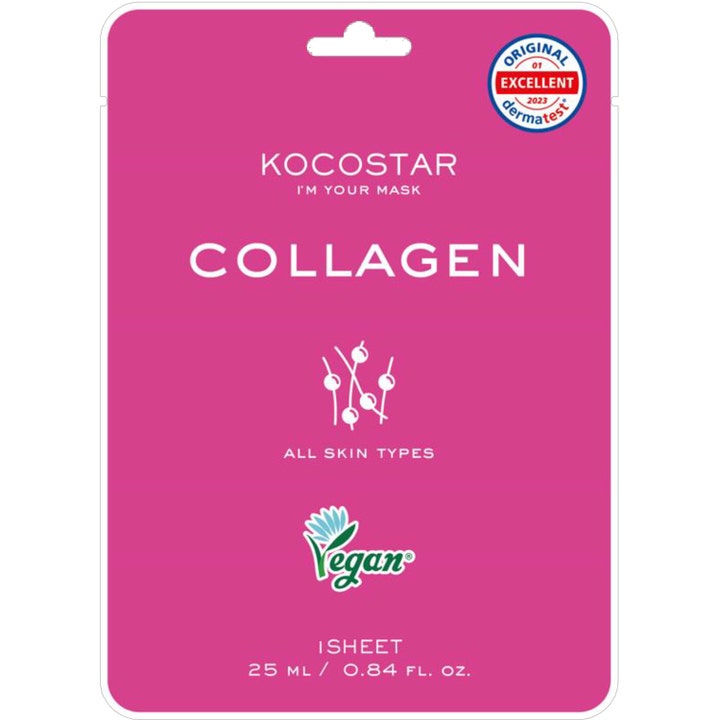 Kocostar Collagen Sheet Mask 25 ml styrker elastisiteten i en rosa sachet med hvit tekst og vegansk merking.