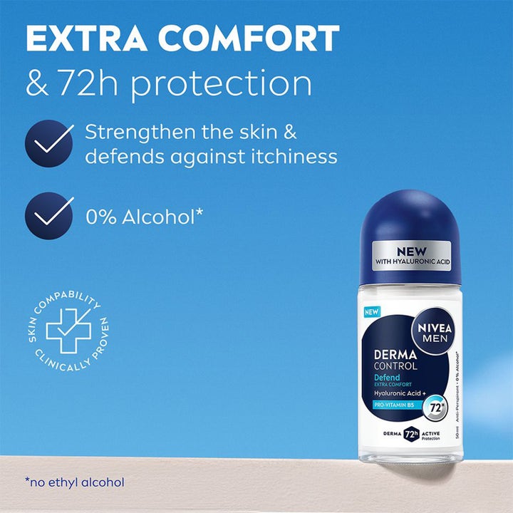 NIVEA Men Derma Control Defend 50 ml roll on deo gir 72 timers beskyttelse og pleie med hyaluronsyre og provitamin B5.
