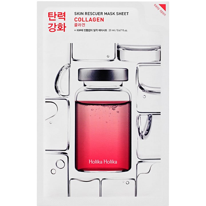 Holika Holika Skin Rescuer Mask Sheet Collagen 20 ml oppstrammende ansiktsmaske i hvit pakning med rosa ampulle