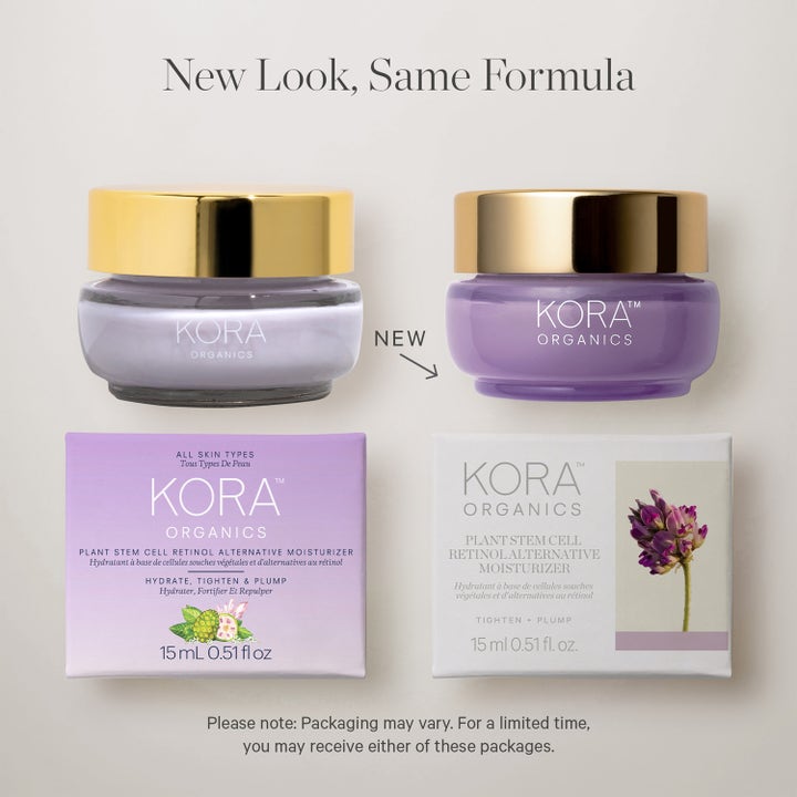 KORA Organics Plant Stem Cell Retinol Alternative Moisturizer 15 ml ansiktskrem i ny og gammel lilla krukke.