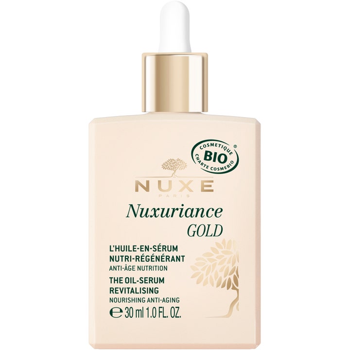 Nuxe Nuxuriance Gold 30 ml revitaliserende anti-age oljeserum i en beige flaske med gulldetaljer og hvit pipette.