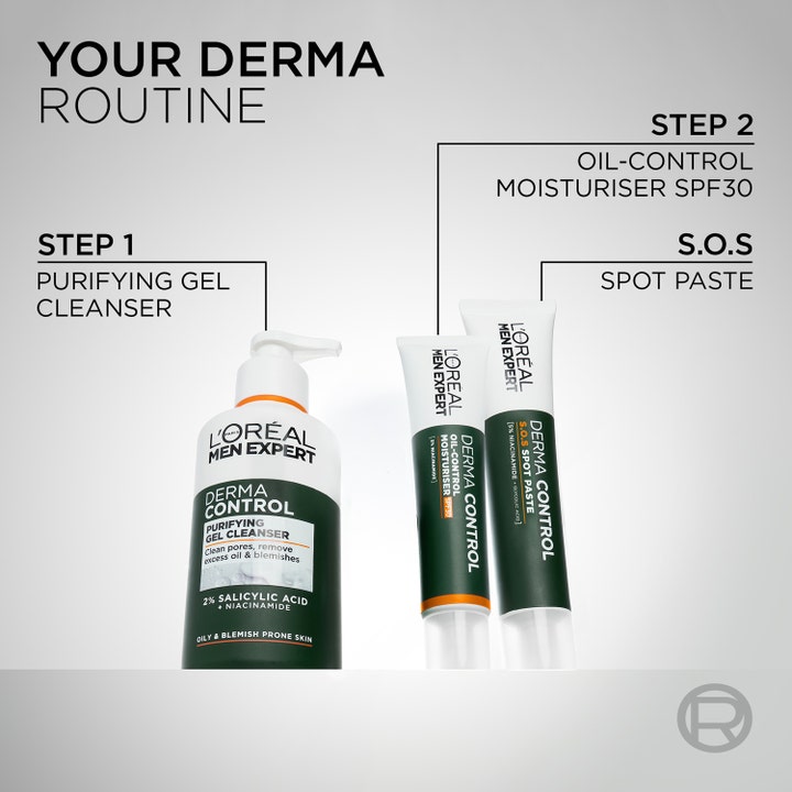 L'Oréal Paris Men Expert Derma Control Purifying Gel Cleanser 260 ml ansiktsrens mot urenheter i en tre-stegs rutine.