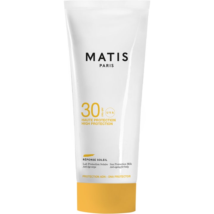 Matis Réponse Soleil Sun Protection Milk SPF 30 beskyttende anti-aging solkrem i hvit tube med gult lokk
