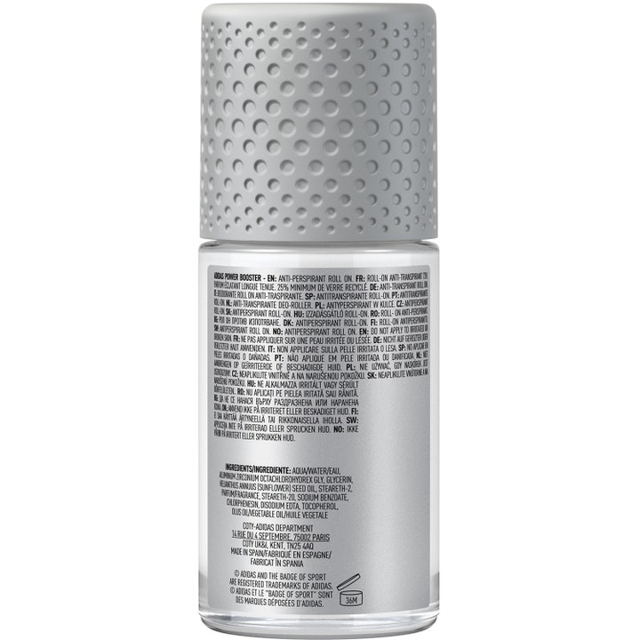 Adidas Adipower Booster 50 ml roll-on antiperspirant i glassflaske med ingrediensliste og grått teksturert lokk.