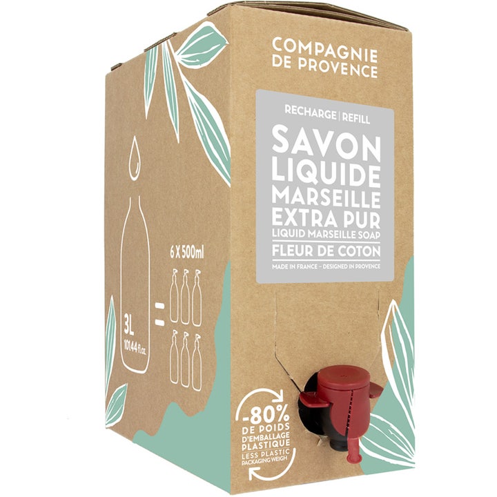 Compagnie de Provence Liquid Marseille Soap Refill Cotton Flower 3000 ml håndsåpe i stor pappeske med rød tappekran.