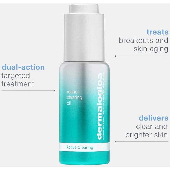 Dermalogica Retinol Clearing Oil mot kviser og aldringstegn i en blågrønn og sølvfarget flaske med pipette.