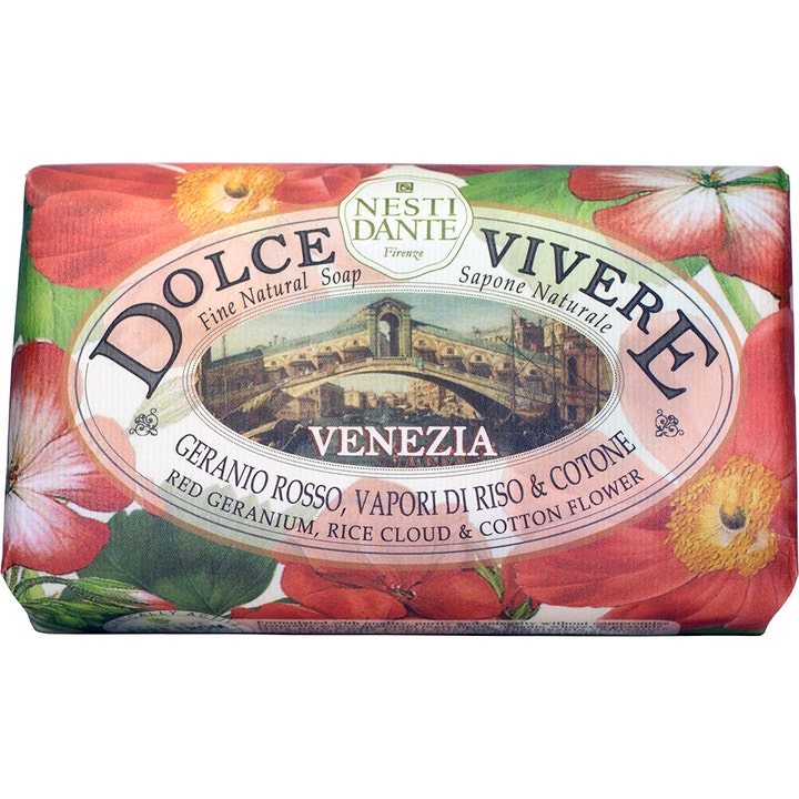 Nesti Dante Dolce Vivere Venezia 250 g fast såpe med røde pelargonier og motiv av en bro i Venezia.