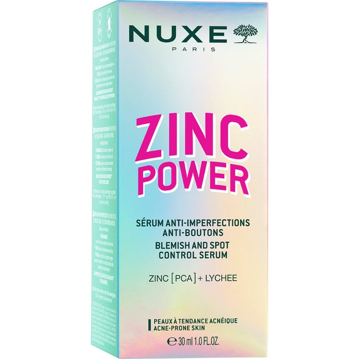 Nuxe Zinc Power 30 ml serum mot urenheter i en iriserende eske med rosa tekst for akneutsatt hud