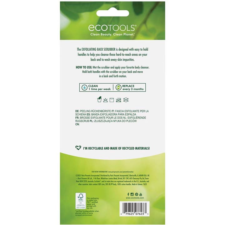 Ecotools Exfoliating Back Scrubber 1 stk eksfolierende ryggskrubb baksiden av pakningen med bruksanvisning