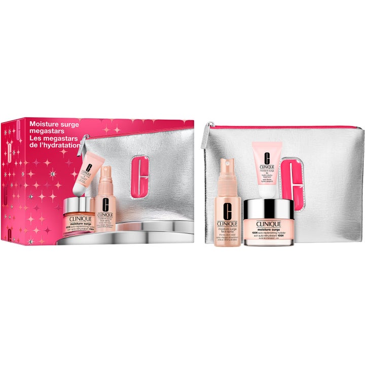 Clinique Moisture Surge Megastars sett fuktighetsgivende hudpleie i rosa krukke spray og tube med sølvmappe