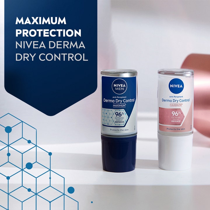 NIVEA Derma Dry Control 50 ml deodorant roll-on gir 96 timers ekstrem beskyttelse i blå og hvit forpakning