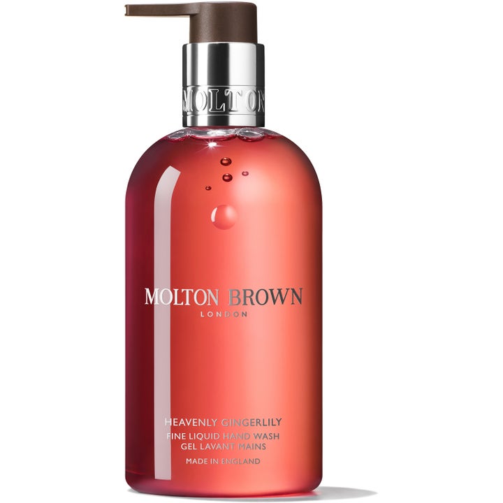 Molton Brown Heavenly Gingerlily 300 ml flytende håndsåpe i gjennomsiktig flaske med rød gelé og pumpe