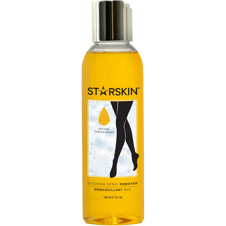 Starskin Stocking Spray Remover 150 ml olje-til-skum fjerner i gjennomsiktig plastflaske med gul væske og sølvlokk