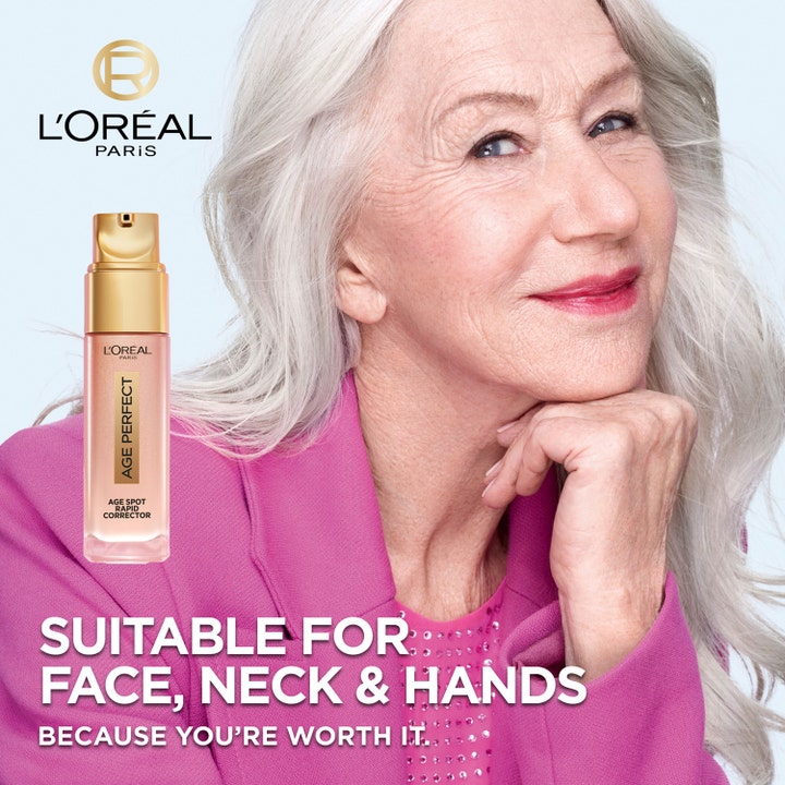 L'Oréal Paris Age Perfect Age Spot Rapid Corrector Serum 30 ml mot pigmentflekker vist med modell i rosa blazer