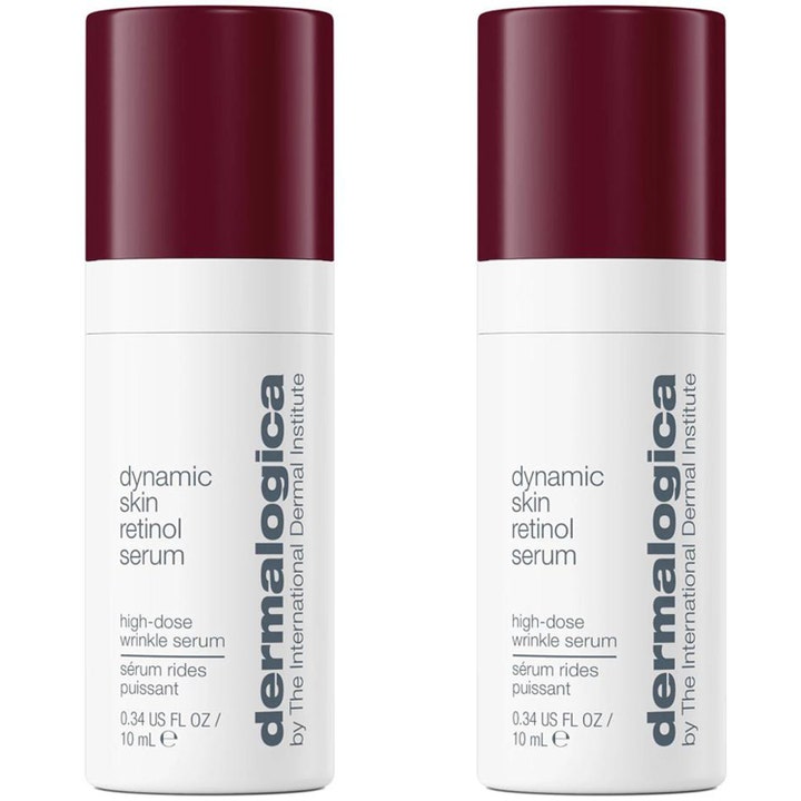 Dermalogica Dynamic Skin Retinol Serum 10 ml rynkeserum med retinol i to hvite sylinderflasker med mørkerøde korker