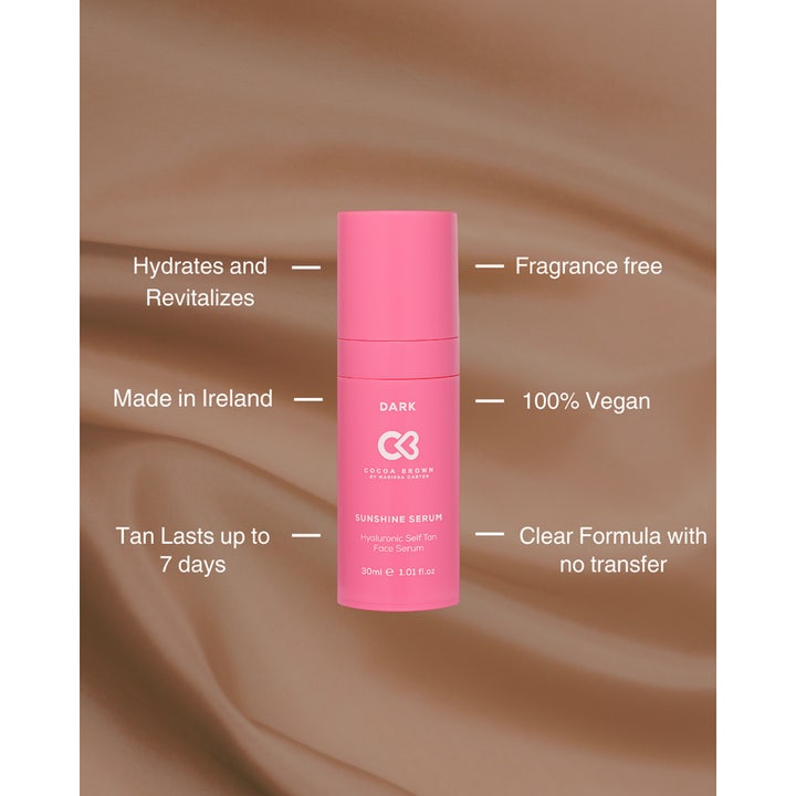 Cocoa Brown Sunshine Serum Dark 30 ml fuktighetsgivende selvbruning i rosa flaske som er vegansk og parfymefri