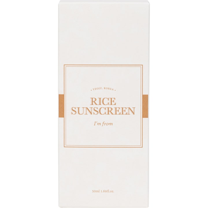 I'm From Rice Sunscreen 50 ml beskyttende solkrem i hvit ytteremballasje med beige detaljer