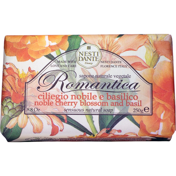 Nesti Dante Romantica Noble Cherry Blossom and Basil 250g pleiende natursåpe i papir med oransje blomstermotiv