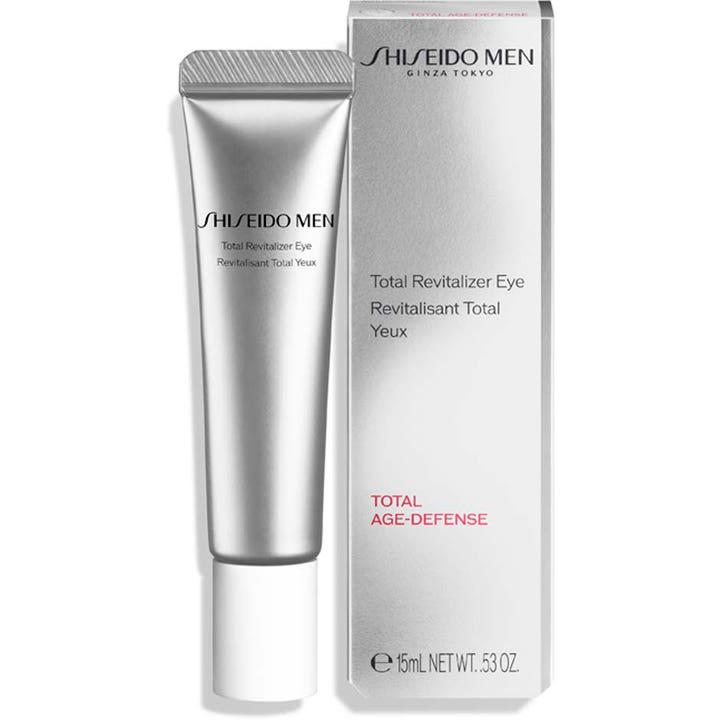 Shiseido Men Total Revitalizer Eye 15 ml revitaliserende øyekrem i sølvfarget tube med hvit kork og eske