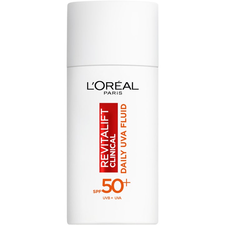 L'Oréal Paris Revitalift Clinical Daily UVA Fluid SPF 50+ ansiktssol krem i hvit flaske med rød etikett