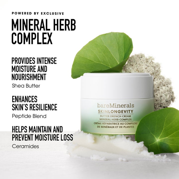 bareMinerals Skinlongevity Restorative Rich Cream 50 ml fuktighetsgivende ansiktskrem i krukke med blader og sheasmør