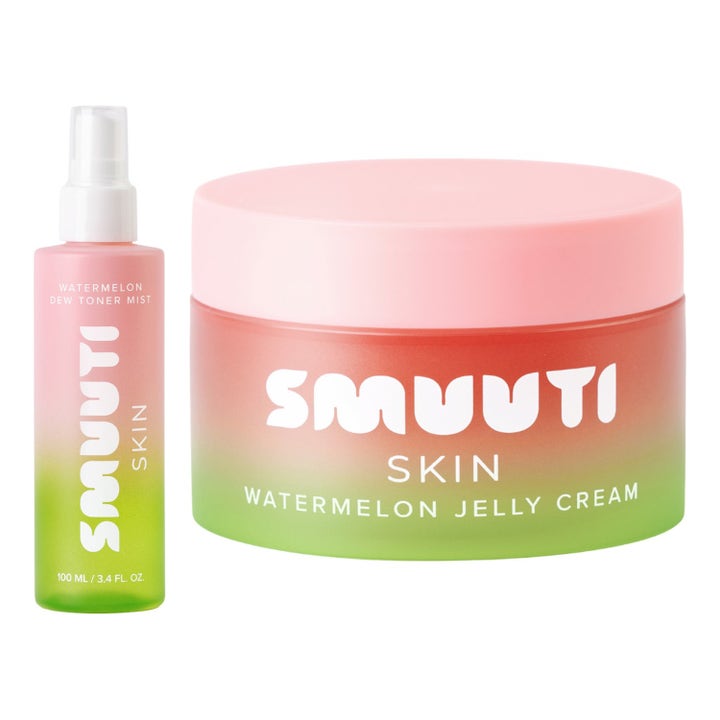 Smuuti Skin Watermelon Dew Toner Mist 100 ml og Jelly Cream gir fukt i rosa og grønn gradient emballasje
