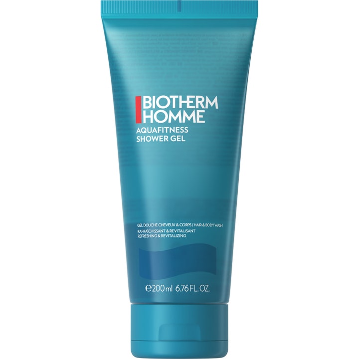 Biotherm Homme Aquafitness Shower Gel 200 ml oppfriskende dusjgelé i en blå tube med turkis kork og hvit tekst.