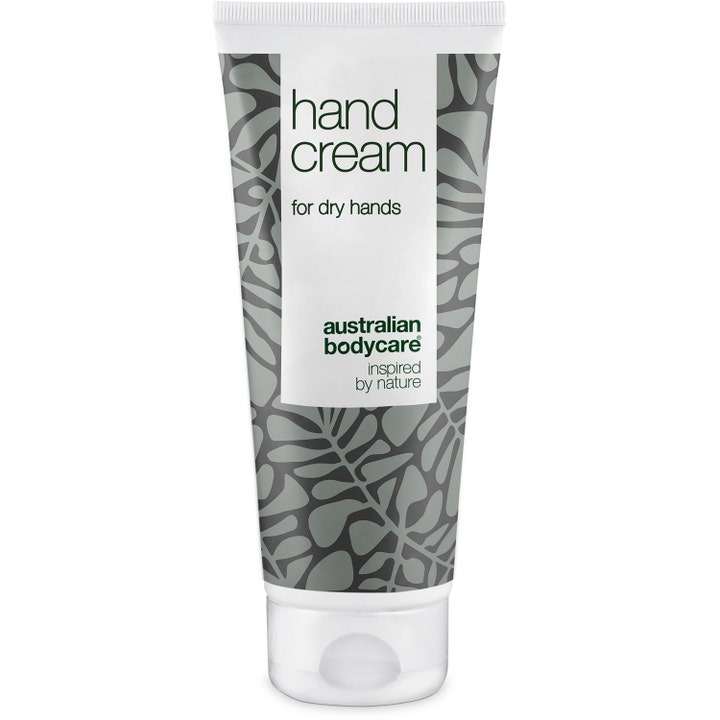 Australian Bodycare Hand Cream pleiende håndkrem for tørre hender i hvit plasttube med grått bladmønster