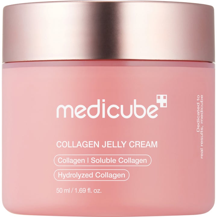 Medicube Collagen Jelly Cream 50 ml fuktighetsgivende ansiktskrem i en rosa krukke med metallisk rosa lokk.