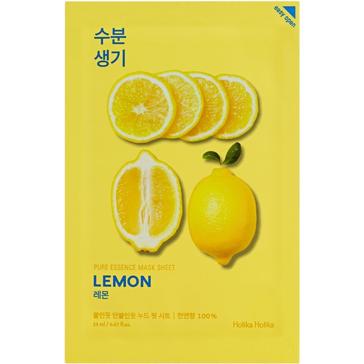 Holika Holika Pure Essence Mask Sheet Lemon 23 ml opplysende sheetmaske i gul forpakning dekorert med sitronskiver
