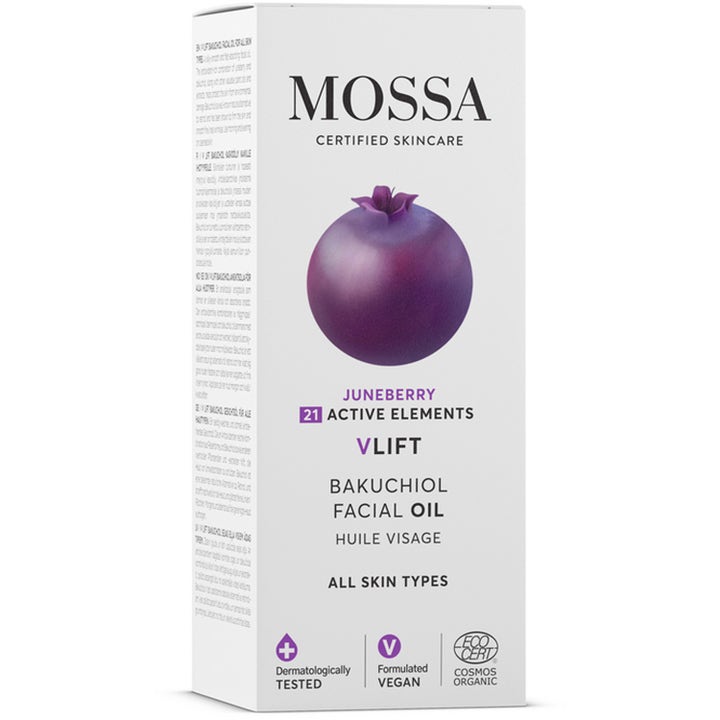 MOSSA V LIFT Bakuchiol Facial Oil 30 ml ansiktsolje som gir spenst i hvit eske med lilla bær og veganske symboler