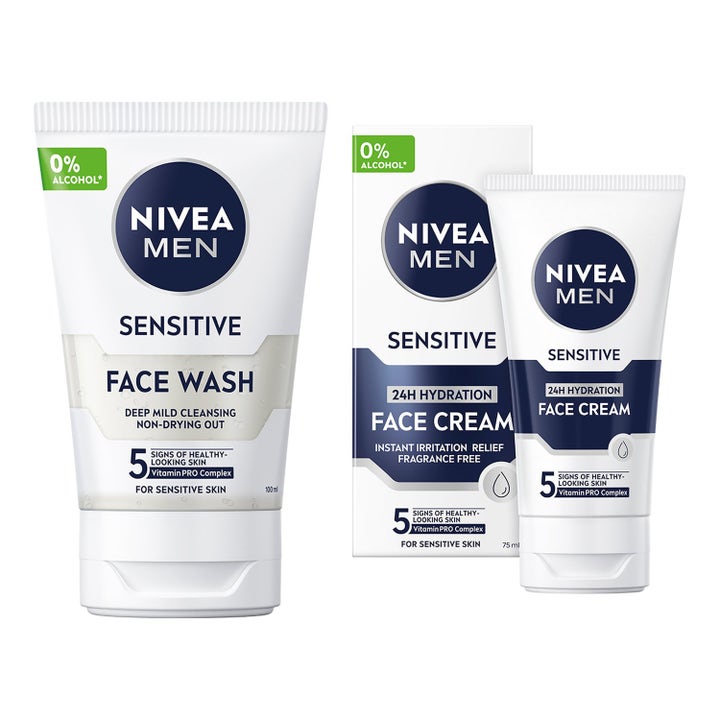 Nivea Men Sensitive Face Wash 100ml og Face Cream 75ml beroligende hudpleiesett i hvite tuber for irritasjonsfri hud