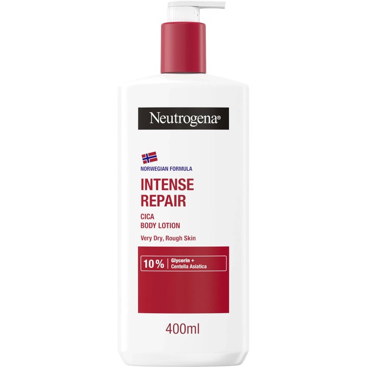 Neutrogena Intense Repair Cica Body Lotion 400 ml reparerer tørr hud i hvit plastflaske med rød pumpe