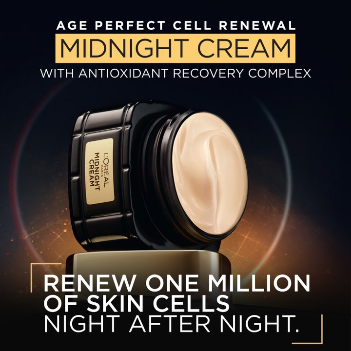 L'Oréal Paris Midnight Cream Age Perfect Cell Renewal 50 ml nattkrem i sort glasskrukke med lys beige tekstur.