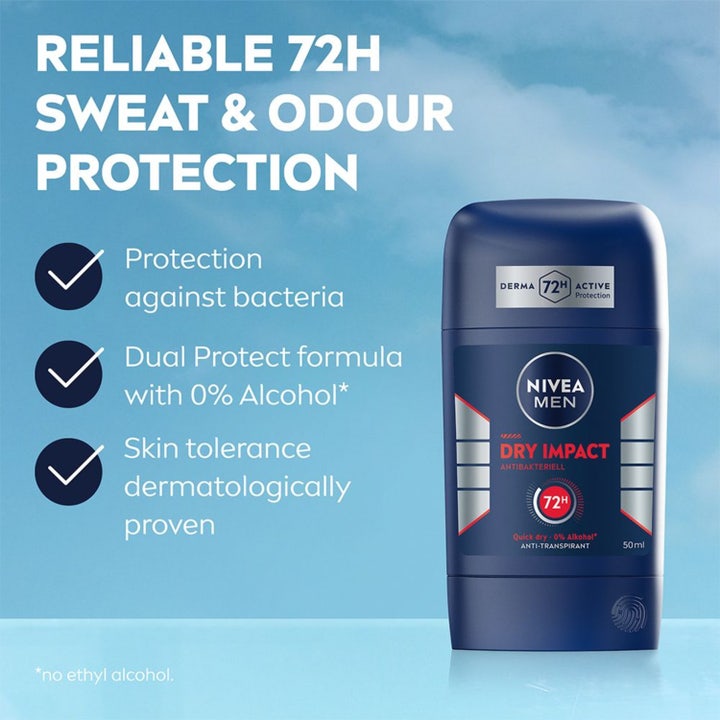 Nivea Dry Impact Stick 50 ml antiperspirant for menn gir 48t beskyttelse i en mørkeblå stift med sølvdetaljer