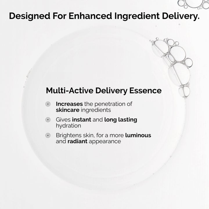 The Ordinary Multi-Active Delivery Essence 100 ml fuktighetsgivende essence med klar tekstur og små bobler som gir glød.