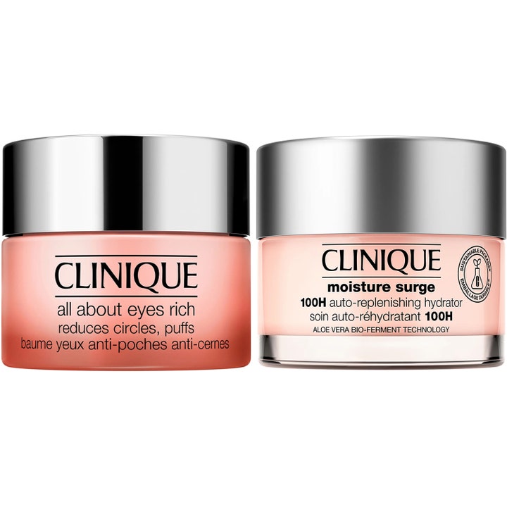 Clinique All About Eyes Rich og Moisture Surge 100H fuktighetsgivende hudpleie i ferskenfargede krukker med sølvlokk.