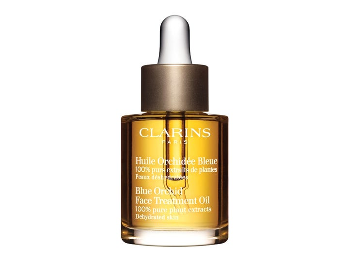 Clarins Blue Orchid Face Treatment Oil 30ml fuktighetsgivende ansiktsolje i glassflaske med pipette og gullfarget kork