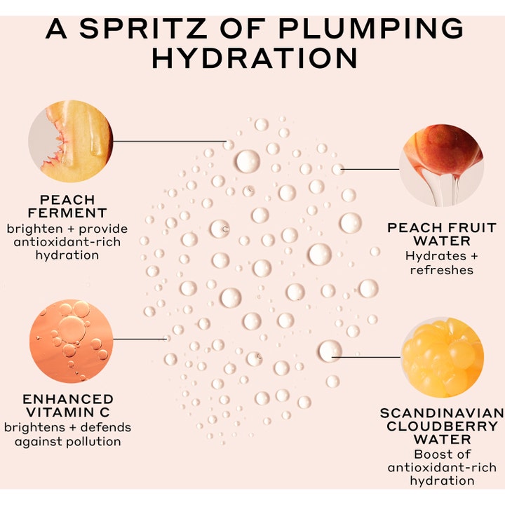 Ole Henriksen Truth Peach Glow Mist 80 ml fuktighetsspray med vitamin C vist med ingredienser som multer og fersken