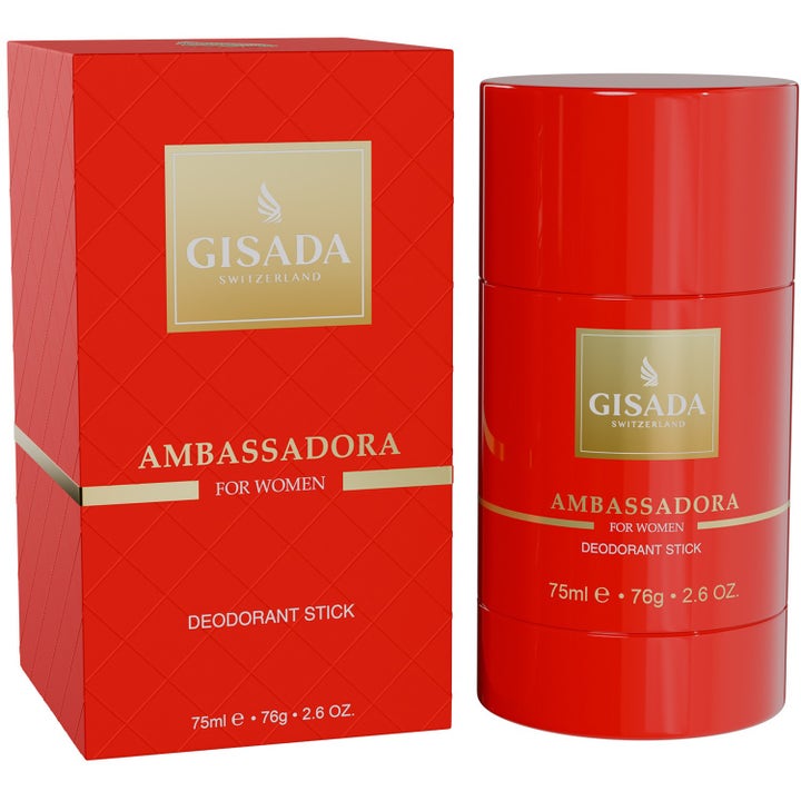 Gisada Ambassadora 75ml deodorant stick for kvinner i rød eske med diamantmønster og rød hylse med gulldetaljer.