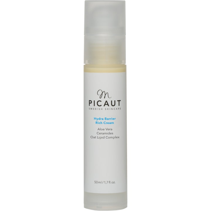 M Picaut Hydra Barrier Rich Cream 50 ml styrkende ansiktskrem i en hvit pumpeflaske med frostet kork og blå tekst.