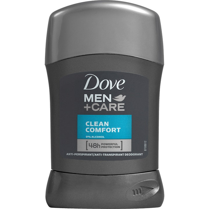 Dove Men+Care Clean Comfort deodorantstick gir 48 timers beskyttelse i mørkegrå plastbeholder med blått felt.