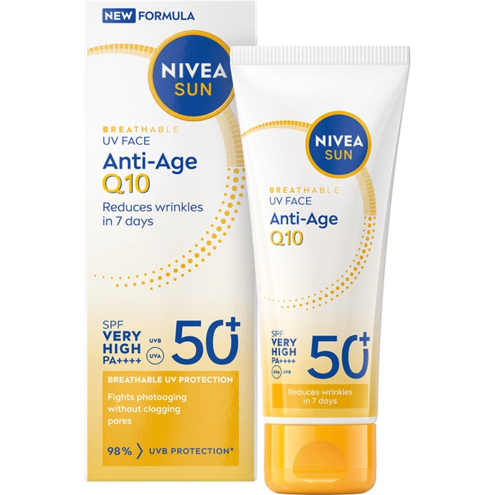 NIVEA SUN Breathable UV Face Anti-Age Q10 SPF 50+ solkrem mot rynker i hvit tube og eske med gule detaljer
