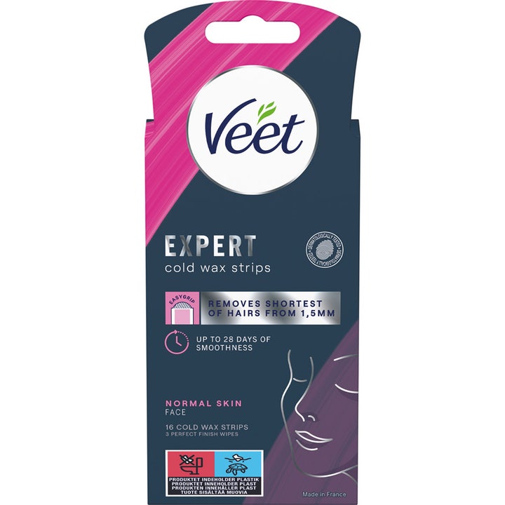 Veet Expert Cold Wax Strips Face 16 stk hårfjerning for normal hud i mørkeblå og rosa eske