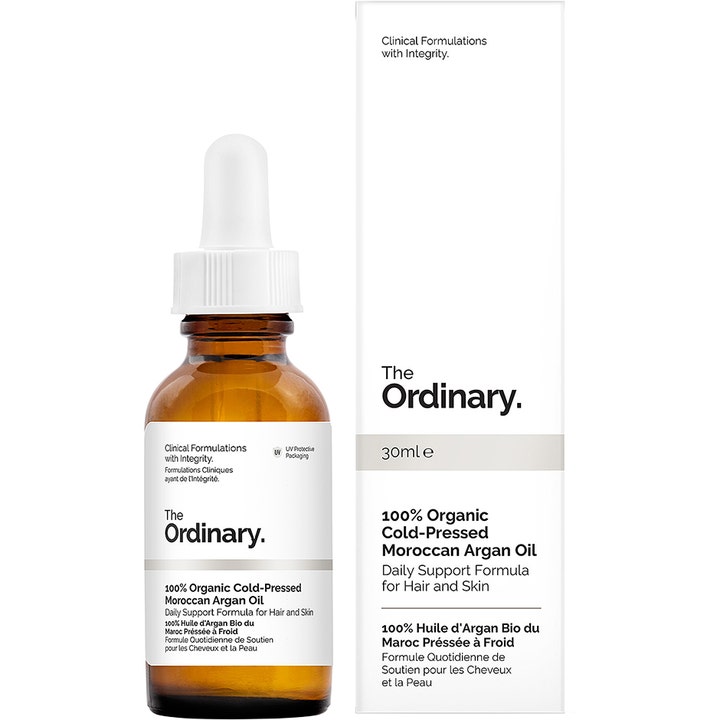 The Ordinary 100% Organic Cold-Pressed Moroccan Argan Oil 30ml pleiende olje i brun glassflaske med hvit pipette og eske