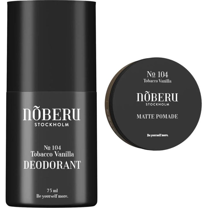 Nõberu No 104 Tobacco Vanilla Deodorant 75 ml og Matte Pomade i sorte matte beholdere som gir en velduftende finish.