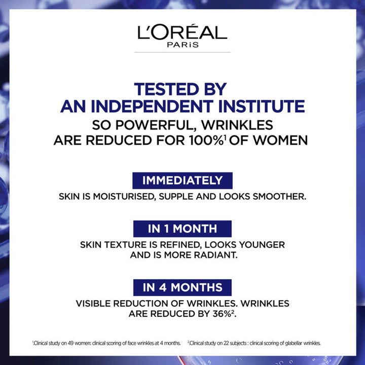 L'Oréal Paris Revitalift Filler og Laser serum i lilla og blå glassflasker som gir fukt og reduserer rynker