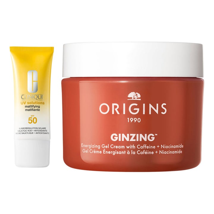 Clinique UV solutions og Origins GinZing Gel Cream oppfriskende hudpleie i gul tube og oransje krukke med hvitt lokk
